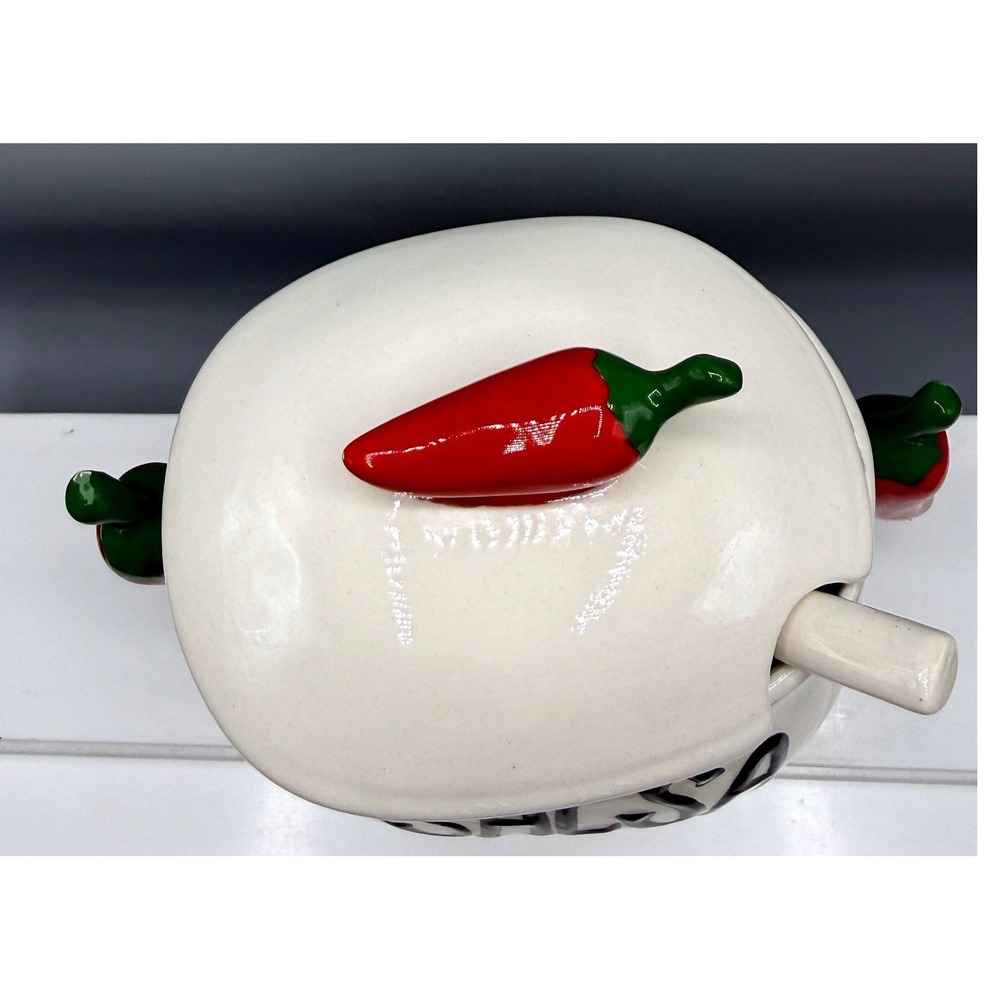 Ceramic Salsa Bowl with Lid and Spoon Red Chili Pepper Handles White Glossy - Picture 9 of 16
